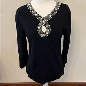 Susan Lewis black cut out beaded faux diamond sweater Size L EUC